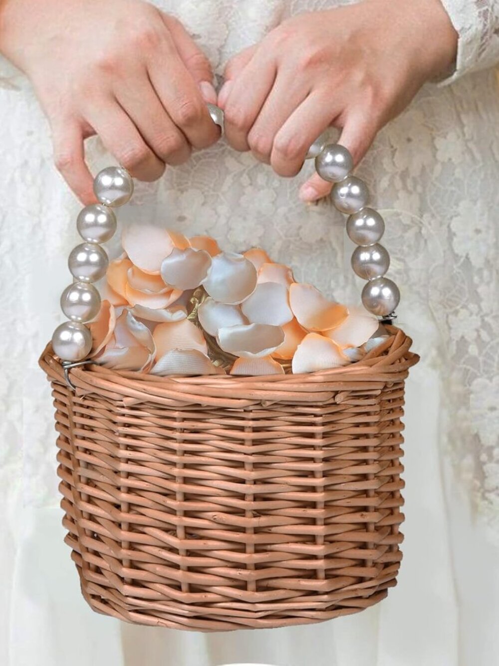 Wicker Rattan Flower Girl Basket,Pearl Handle Flower Basket,Flower Girl Basket f - Picture 8 of 8